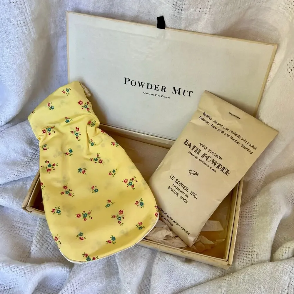 Vintage 40s Vanity Bath Powder Mitt Set Le Sonier Boston Apple Blossom Unused